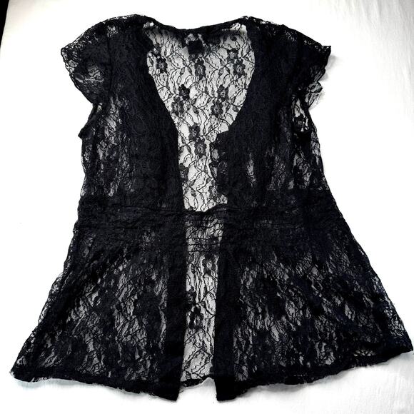 Black Lace Top Med Sheer Ruffles Romantic Goth Y2K Victorian Vampcore Angie - Picture 6 of 8